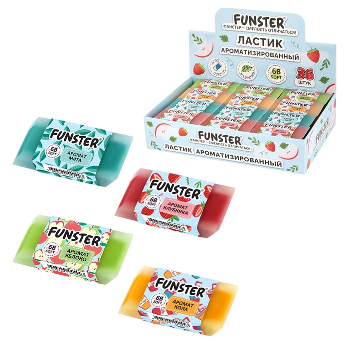 Ластик ароматизированный FUNSTER (ФАНСТЕР) "SWEET", 54х23х10 мм, скошенный, картонный держатель, экологичный ПВХ, ассорти, 272727 272727
