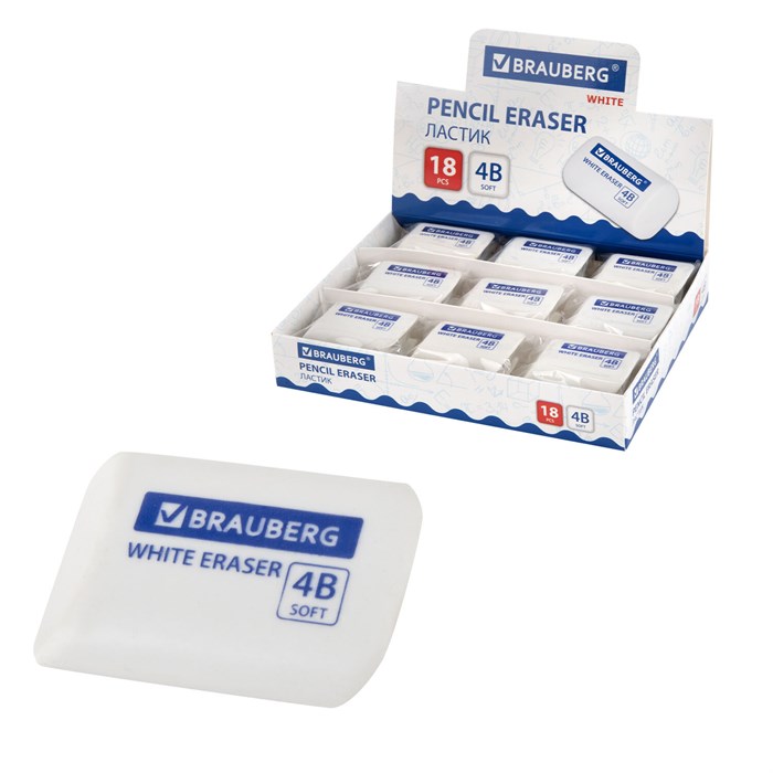Ластик BRAUBERG "WHITE", 45х28х12 мм, скошенный, белый, 272734 272734 - фото 371094