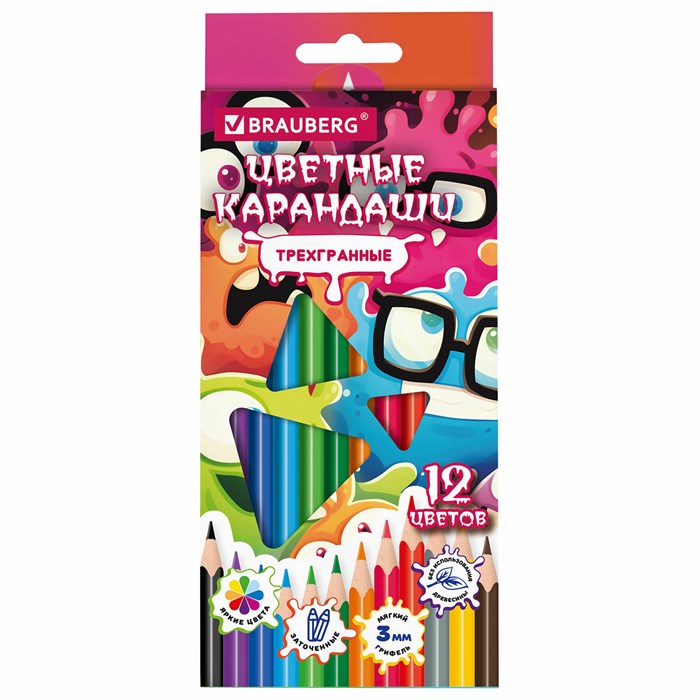 Карандаши цветные кросс-серия МОНСТРИКИ, 12 цветов, трехгранные, BRAUBERG, 182112 182112 - фото 372214
