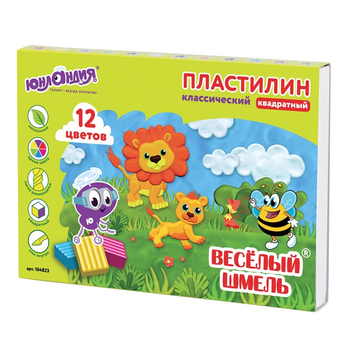Пластилин классический ЮНЛАНДИЯ "ВЕСЁЛЫЙ ШМЕЛЬ", 12 цветов, 204 г, СО СТЕКОМ, КВАДРАТНЫЙ, 104823 104823