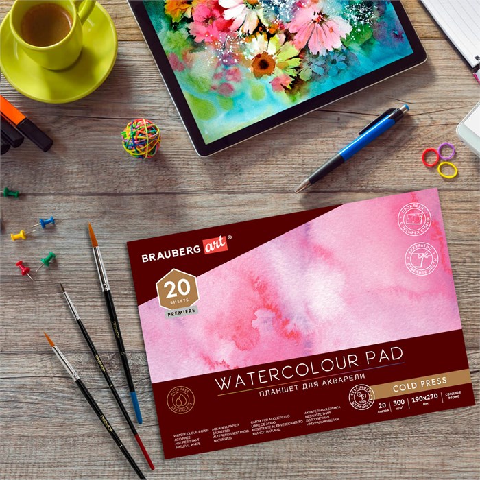Папка для акварели/планшет, 300 г/м2, 190х270 мм, склейка, среднее зерно, 20 л., BRAUBERG ART PREMIERE, 113245 113245