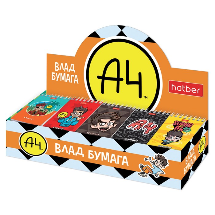 Блокнот МАЛЫЙ ФОРМАТ А7, 40 л., гребень, картон, клетка, дисплей, HATBER, Ассорти "Влад А4", 087487, 40Б7В1гр 117657