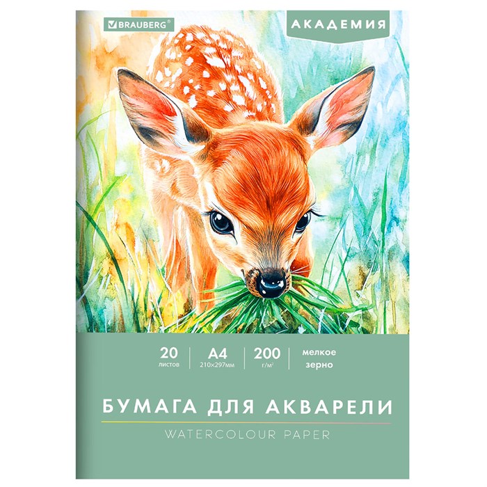 Папка для акварели А4, 20 л., 200 г/м2, 210х297 мм, BRAUBERG АКАДЕМИЯ, "Оленёнок", 117746 117746