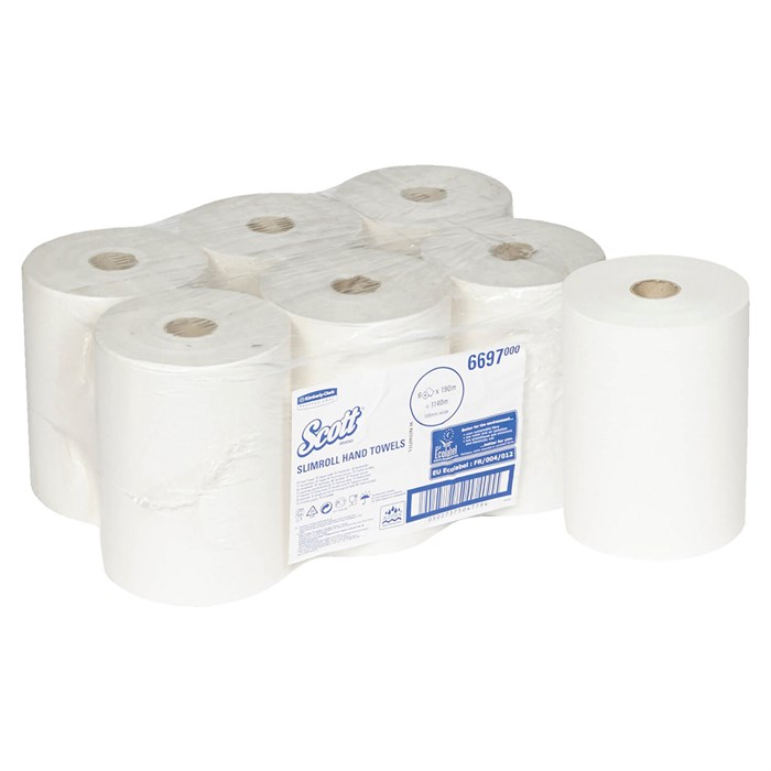 Полотенца бумажные рулонные KIMBERLY-CLARK Scott, КОМПЛЕКТ 6 шт., Slimroll, 190 м, белые, 6697 117752