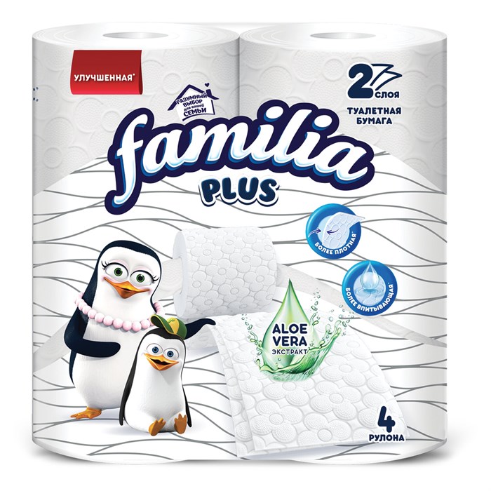 Бумага туалетная бытовая, спайка 4 шт., 2-слойная (4х20,4 м), FAMILIA PLUS, белая, 5080758 118570