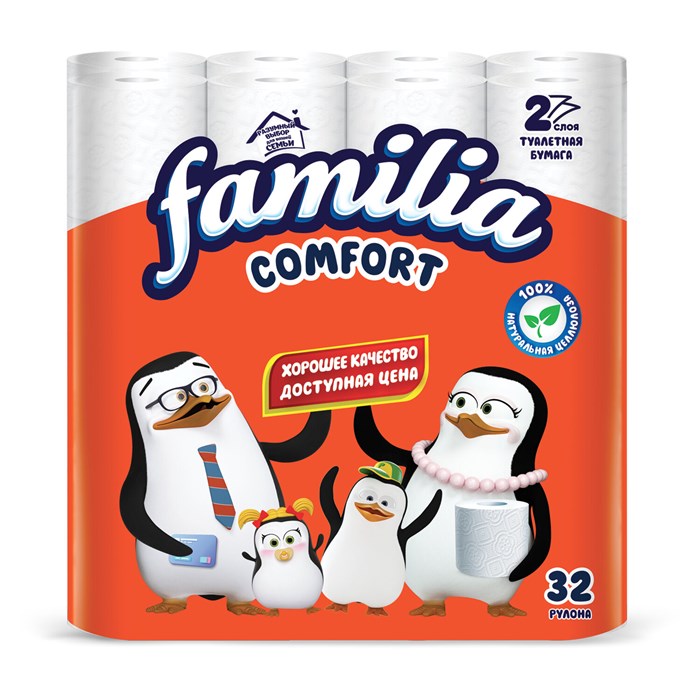 Бумага туалетная бытовая, спайка 32 шт., 2-слойная (32х14,8 м), FAMILIA COMFORT, белая, 5085067 118572