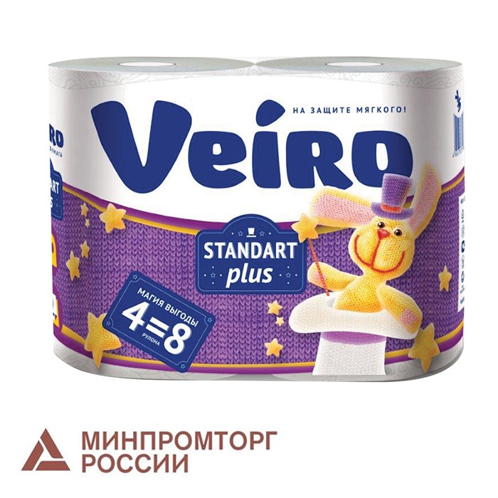 Бумага туалетная бытовая, спайка 4 шт., 2-х слойная (4х30 м), VEIRO Standart Plus, белая, 3с24 128028