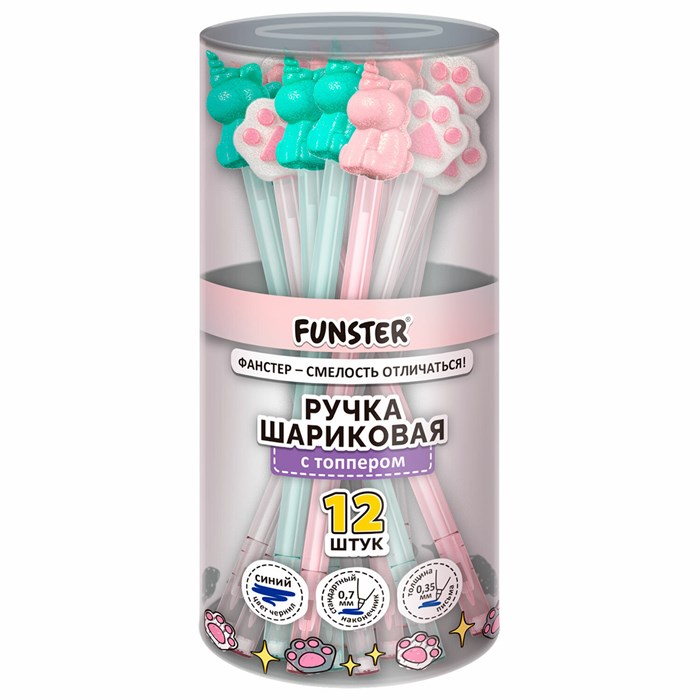 Ручка с топпером с блёстками шариковая масляная FUNSTER "SHINY MIX", СИНЯЯ, корпус ассорти, пишущий узел 0,7мм, линия письма 0,35 мм, 144371 144371