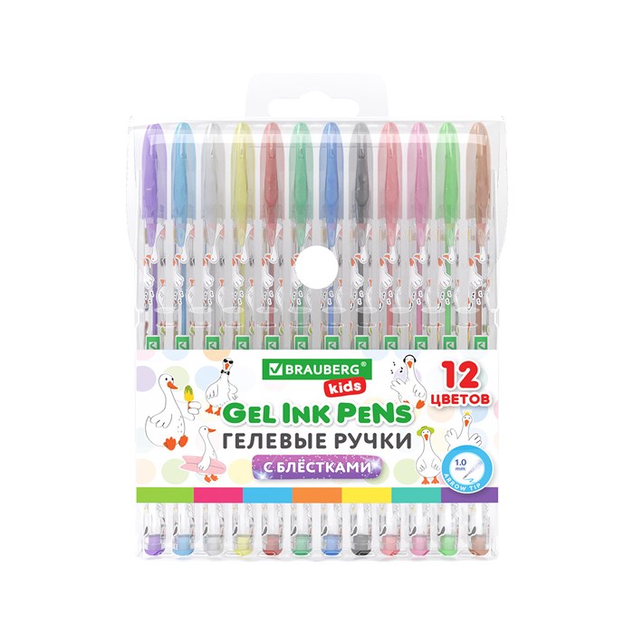 Ручки гелевые С БЛЕСТКАМИ BRAUBERG KIDS "CUTE ANIMALS", НАБОР 12 ЦВЕТОВ, корпус с печатью, узел 1 мм, линия письма 0,7 мм, 144446 144446
