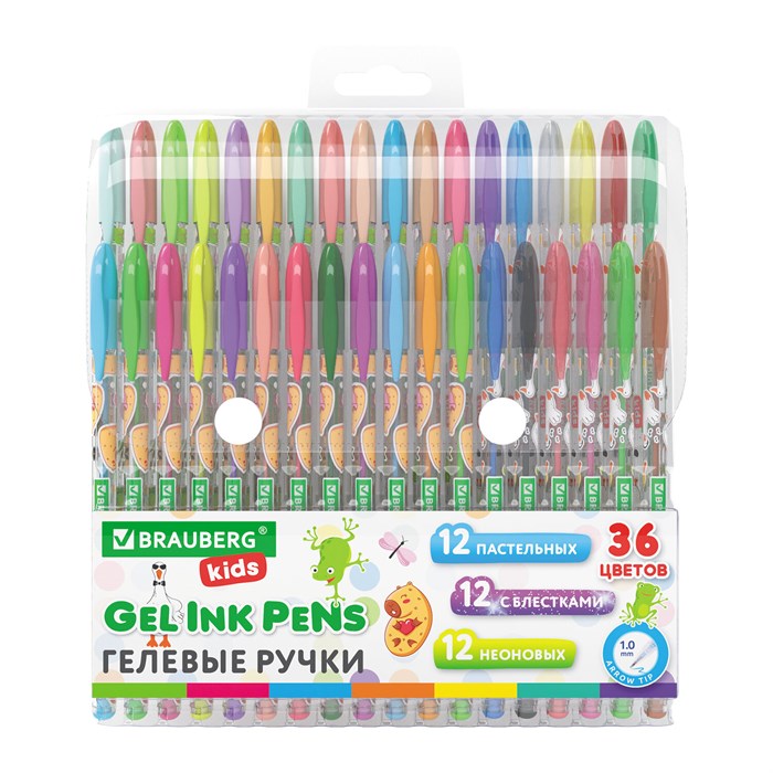 Ручки гелевые BRAUBERG KIDS "CUTE ANIMALS", НАБОР 36 ЦВЕТОВ, корпус с печатью, узел 1 мм, линия письма 0,7 мм, 144448 144448