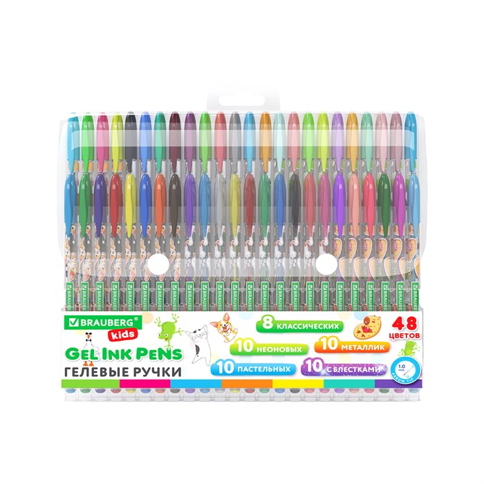 Ручки гелевые BRAUBERG KIDS "CUTE ANIMALS", НАБОР 48 ЦВЕТОВ, корпус с печатью, узел 1 мм, линия письма 0,7 мм, 144449 144449