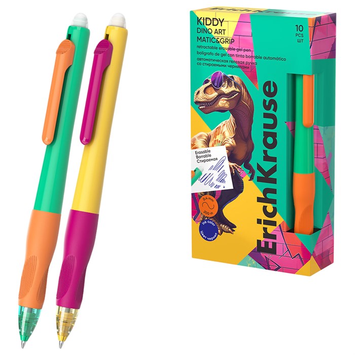 Ручка стираемая гелевая автоматическая ERICH KRAUSE "Kiddy Dino Art", СИНЯЯ, ассорти, 0,4 мм, 63696 144569