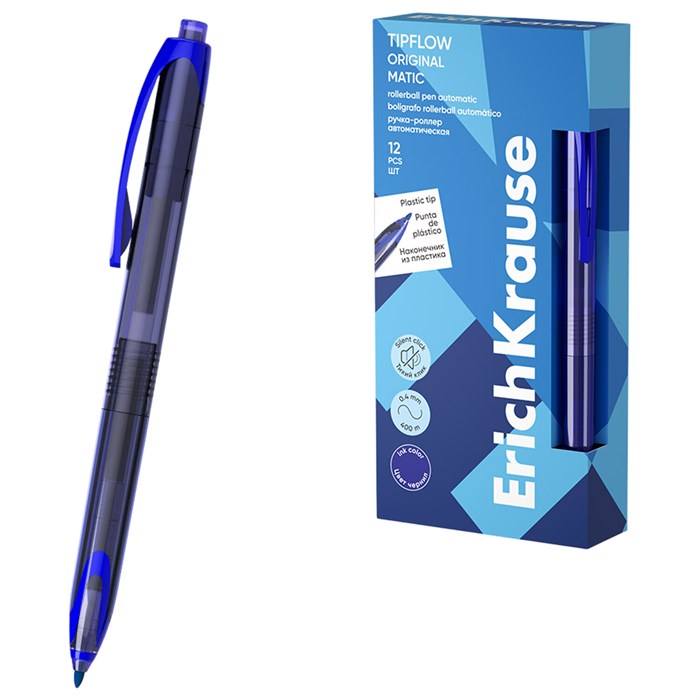 Ручка-роллер автоматическая ERICH KRAUSE "TipFlow Stick Matic Original", СИНЯЯ, линия 0,4 мм, 63700 144580