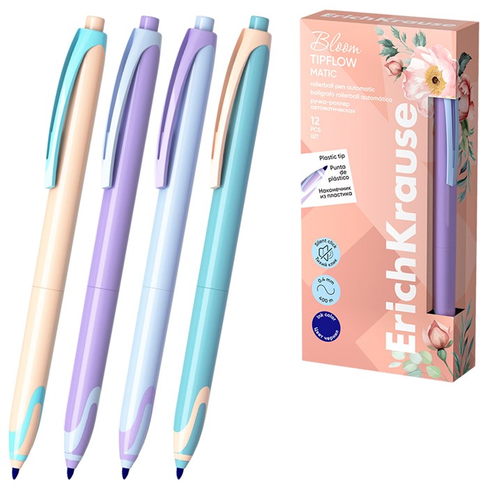 Ручка-роллер автоматическая ERICH KRAUSE "TipFlow Pastel Bloom", СИНЯЯ, корпус ассорти, 0,4 мм, 63705 144581