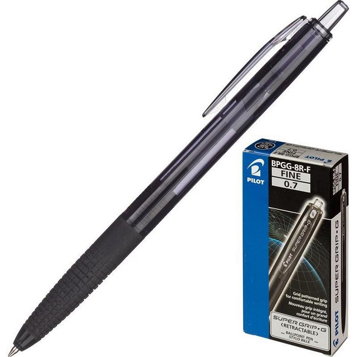 Ручка шариковая автоматическая с грипом PILOT Super Grip G, ЧЕРНАЯ, линия 0,21 мм, BPGG-8R-F B 144714