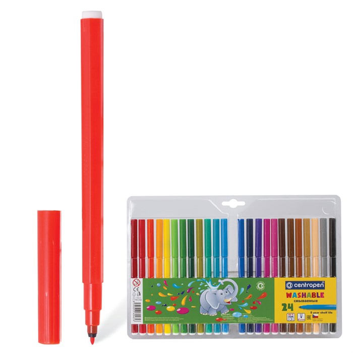 Фломастеры 24 ЦВЕТА CENTROPEN "Washable", смываемые, вентилируемый колпачок, 7790/24TP, 777902485 151159