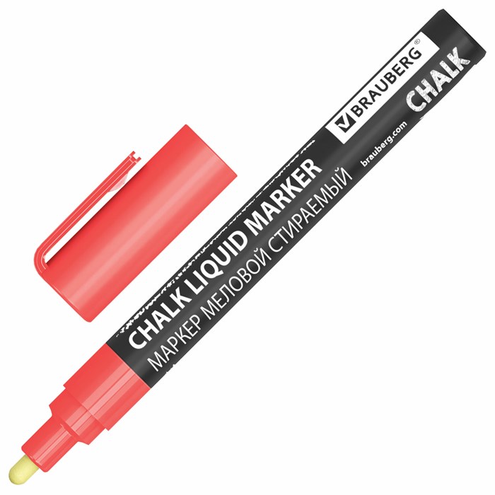 Маркер меловой CHALK LIQUID MARKER, КРАСНЫЙ, 3 мм, стираемый, BRAUBERG "CHALK", 152589 152589