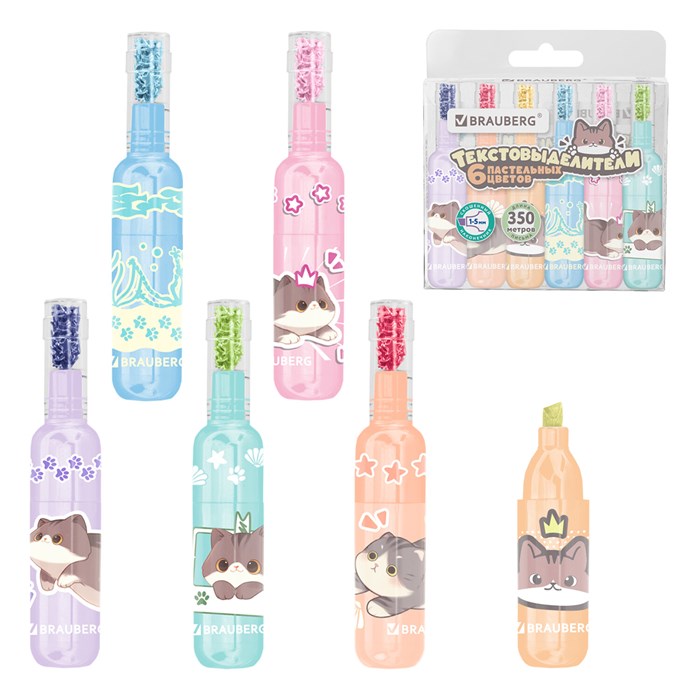 Набор текстовыделителей 6 ПАСТЕЛЬНЫХ ЦВЕТОВ, кросс-серия МИЛЫЕ КОТЫ, линия 1-5 мм, BRAUBERG, 152619 152619
