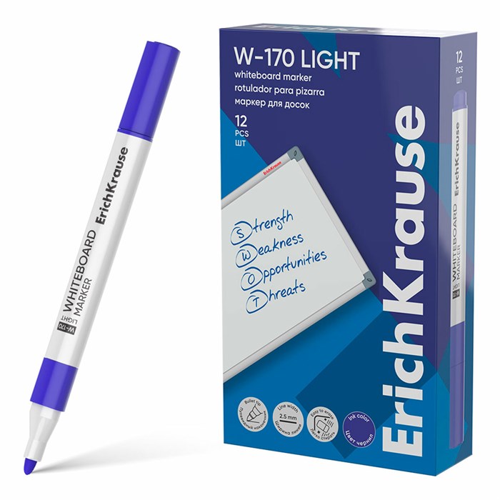 Маркер стираемый для белой доски, СИНИЙ, ERICH KRAUSE "W-170 Light", круглый наконечник, 2,5 мм, 63568 152642