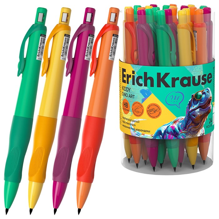 Карандаш механический 2 мм ERICH KRAUSE "Kiddy Dino", НВ, корпус ассорти, 63590 182137