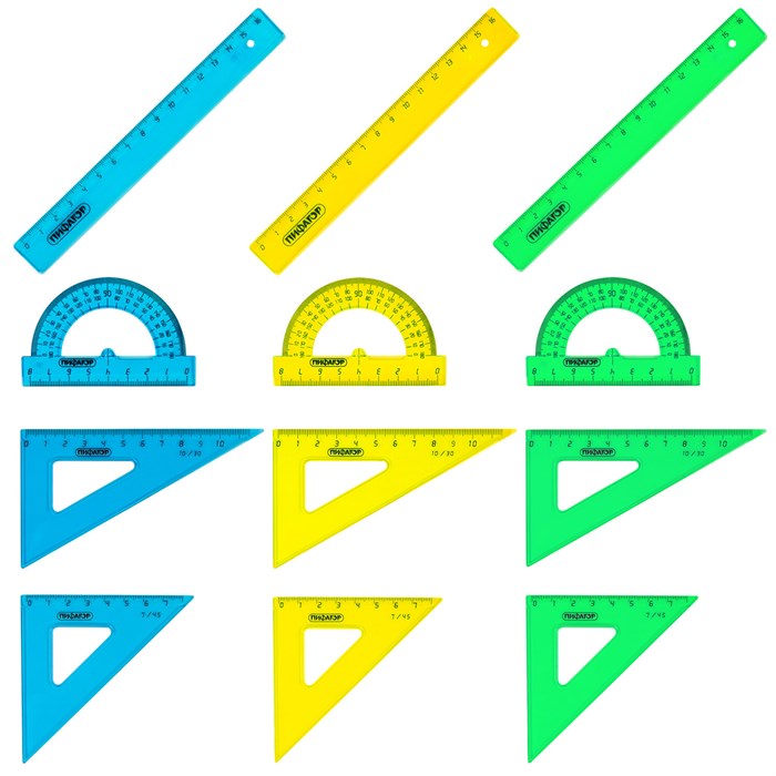 Набор чертежный малый ПИФАГОР (линейка 16 см, 2 треугольника, транспортир), неоновый, европодвес, 210625 210625