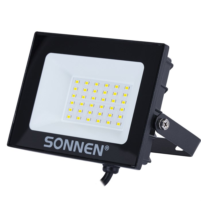 Прожектор светодиодный 30 Вт, 6500 К, 2400 Лм, 30 м2, IP65, 146x98x26 мм, черный, SONNEN, 238413 238413