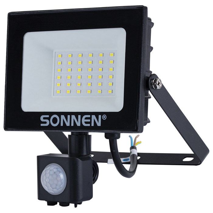Прожектор светодиодный с датчиком движения 30 Вт, 6500 К, 2400 Лм, 30 м2, IP65, 161х146х51 мм, черный, SONNEN, 238417 238417