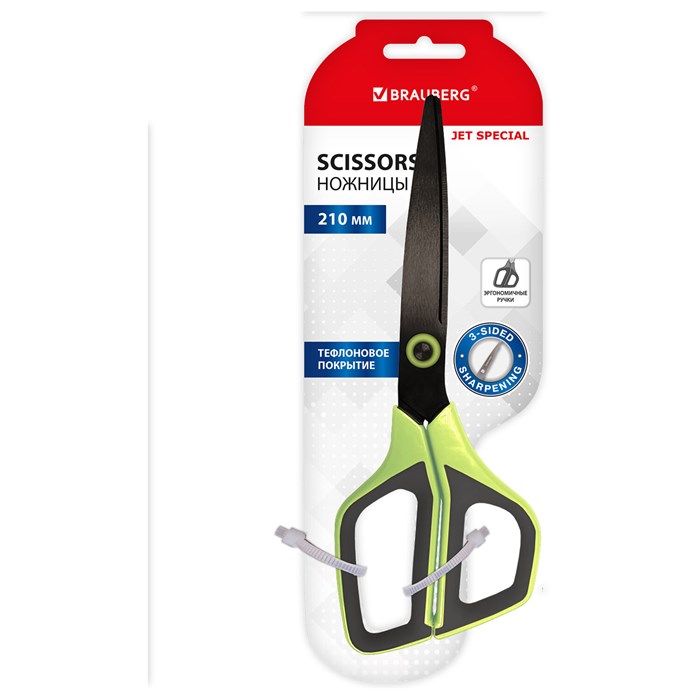 Ножницы BRAUBERG "JET Special", салатовые, 210 мм, 3-х сторонняя заточка, тефлоновое покрытие, 238852 238852