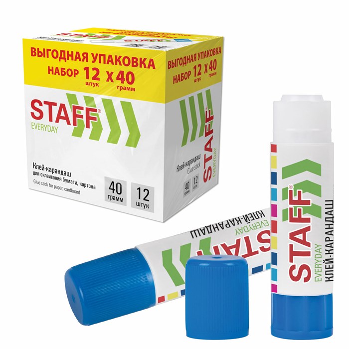 Клей-карандаш 40 г, ВЫГОДНАЯ УПАКОВКА, КОМПЛЕКТ 12 ШТУК, STAFF EVERYDAY, 273019 273019