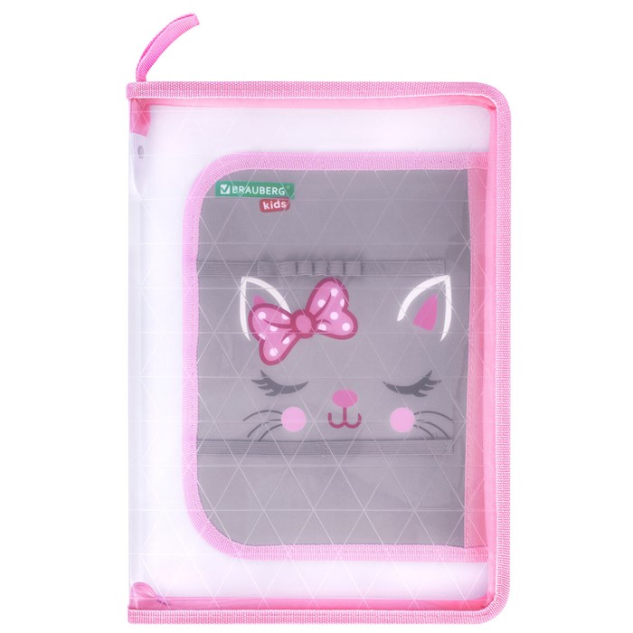 Папка для труда на молнии BRAUBERG KIDS А4, 1 отделение, прозрачная, органайзер, "Tiny cutie", 273397 273397