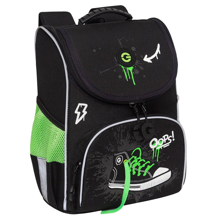 Ранец GRIZZLY анатомическая спинка, с мешком для обуви, для мальчиков, "SNEAKER", черный, 33х25х13 см, RAm-585-8/1 274140