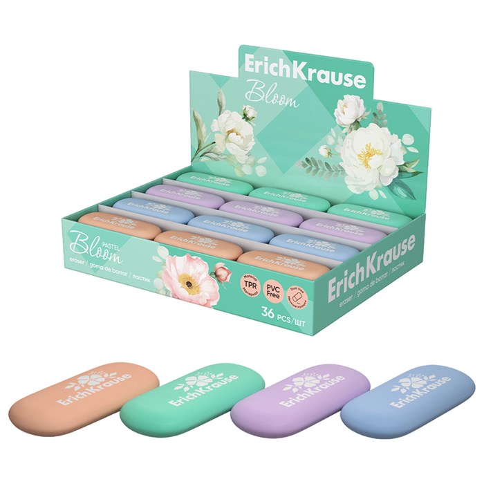 Ластик ERICH KRAUSE "Pastel Bloom", 54х24х10,3 мм, овальный, ассорти, 60772 274223