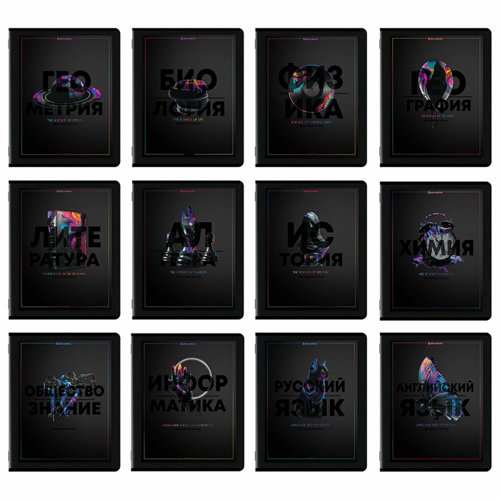 Тетради предметные, КОМПЛЕКТ 12 ПРЕДМЕТОВ, 48 л., матовая ламинация, лак, BRAUBERG "MAJESTIC BLACK", 405177 405177