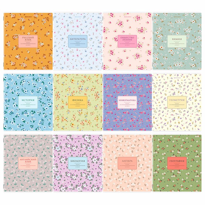 Тетради предметные, КОМПЛЕКТ 12 ПРЕДМЕТОВ, 48 л., рельефный картон, BRAUBERG "BLOSSOM", 405179 405179