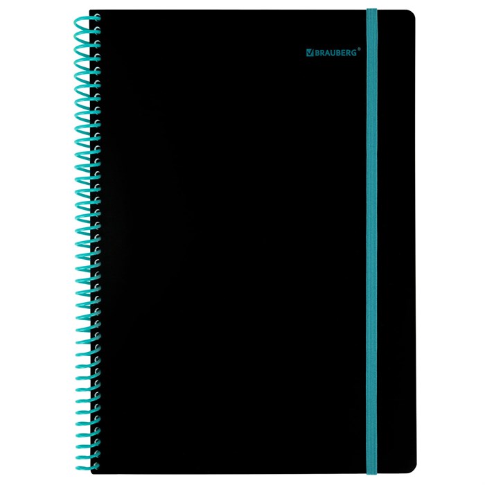 Тетрадь обложка пластик, А4 80 л., спираль пластик, резинка, клетка, BRAUBERG, черный/синий, 405381 405381