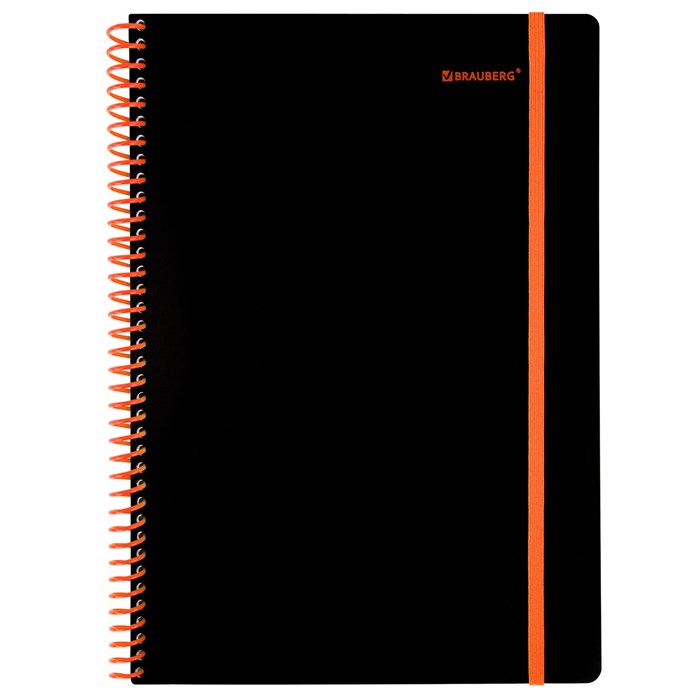 Тетрадь обложка пластик, А4 80 л., спираль пластик, резинка, клетка, BRAUBERG, черный/оранжевый, 405382 405382