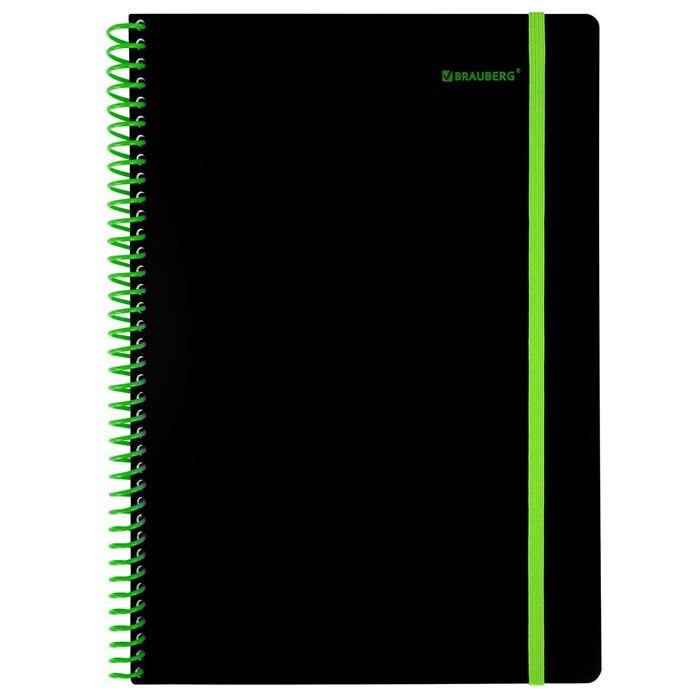 Тетрадь обложка пластик, А4 80 л., спираль пластик, резинка, клетка, BRAUBERG, черный/зеленый, 405383 405383