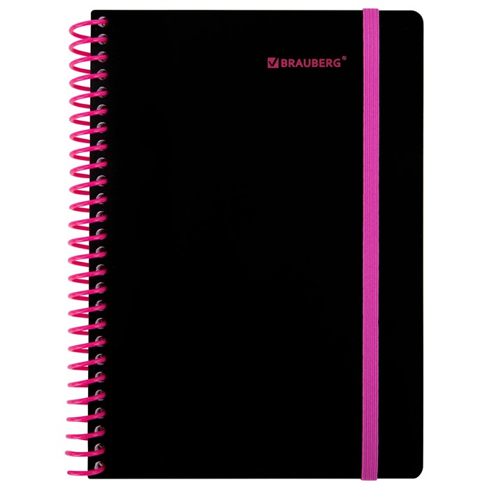 Тетрадь обложка пластик, А5 80 л., спираль пластик, резинка, клетка, BRAUBERG, черный/розовый, 405384 405384