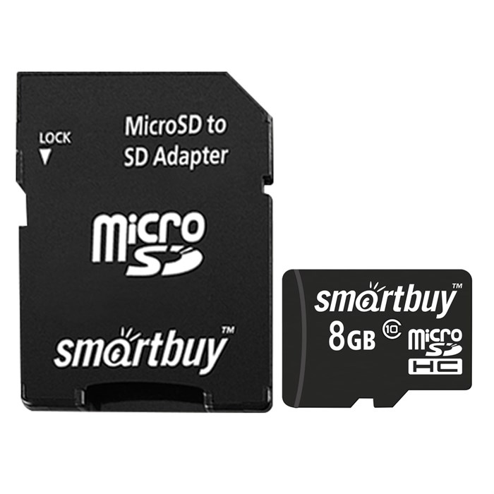 Карта памяти micro SDHC, 8 GB, SMARTBUY, 10 Мб/сек. (class 10), с адаптером, SB8GBSDCL10-01 512805