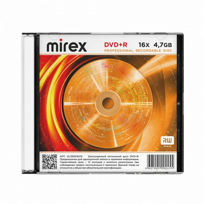 Диск DVD+R (плюс) MIREX, 4,7 ГБ, 16x, Slim Case, 1 штука, UL130013A1S 514012