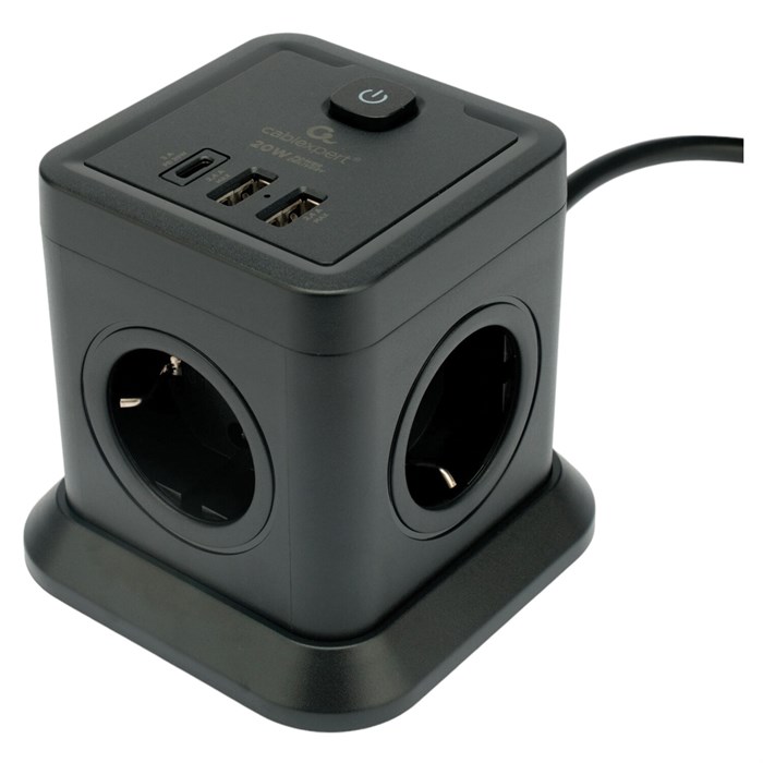 Сетевой фильтр CABLEXPERT Tower, 4 розетки, 10 А, 1 x Type-C PD, 20 Вт, 2 х USB, 2 м, черный, TWR-4-CU2-B-2 514301