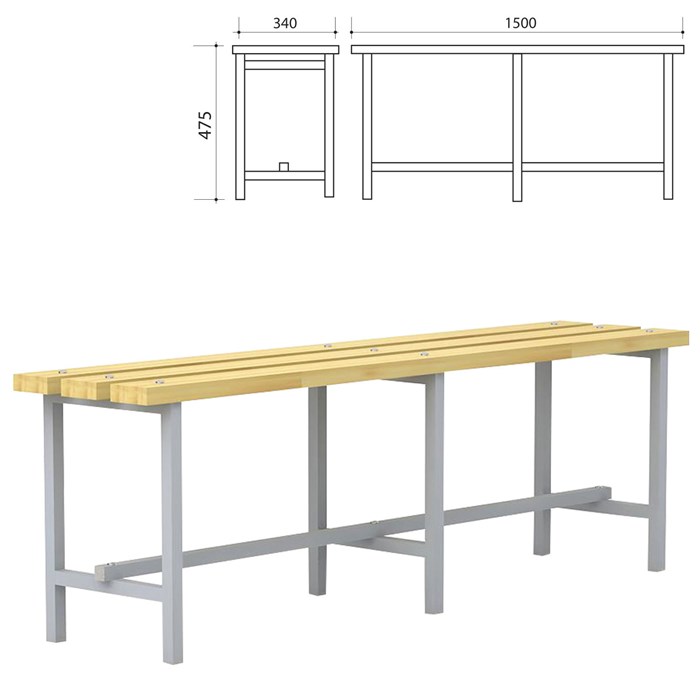 Скамья деревянная на металлокаркасе П-13Д(1500) (1500х340х475 мм) 531006