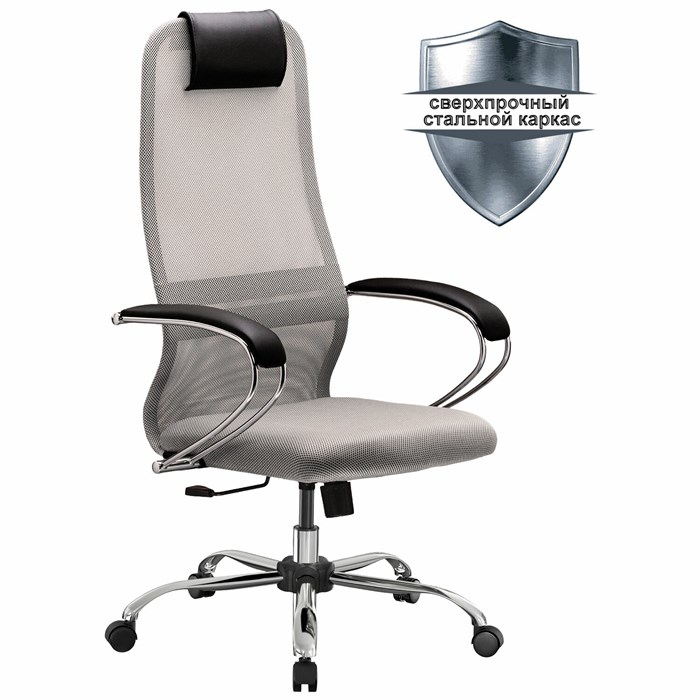 Кресло офисное МЕТТА "SU-B-8" хром, ткань-сетка, сиденье мягкое, светло-серое 532429