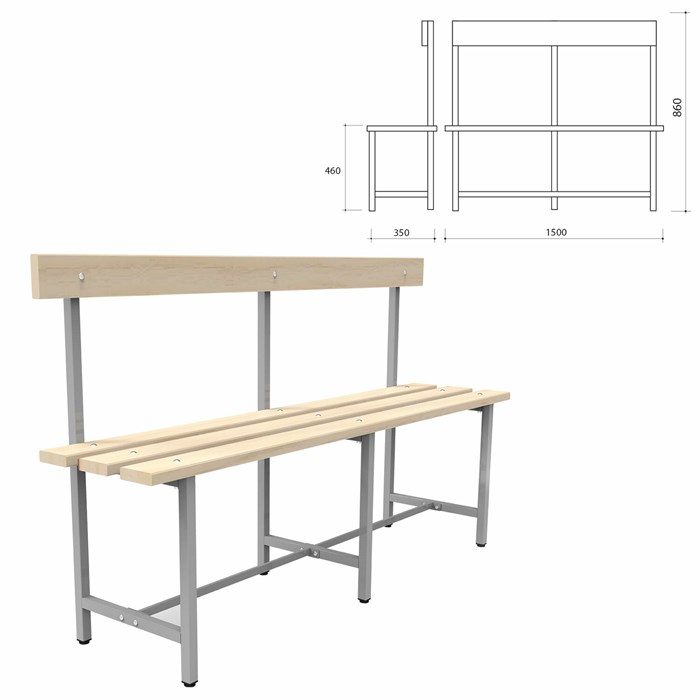 Скамья со спинкой деревянная на металлокаркасе "СТ 5", 1500х350х860 мм, регулируемые опоры, каркас металлический серый, сиденье дерево 532532