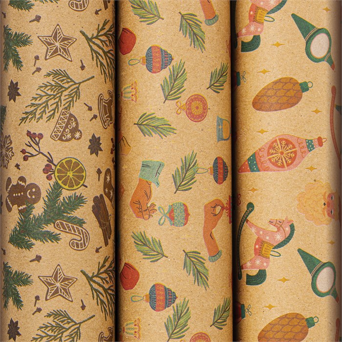 Бумага упаковочная новогодняя НАБОР 3 шт., "Christmas Kraft", 70х100 см, 3 дизайна, ЗОЛОТАЯ СКАЗКА, 592056 592056
