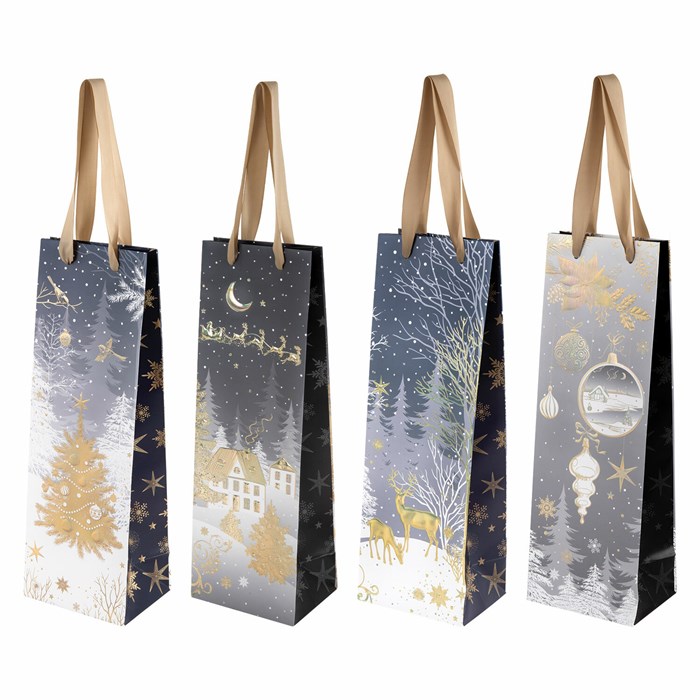 Пакет подарочный под бутылку (1 штука) новогодний 12x9x36 см, "Bottle", ассорти, ЗОЛОТАЯ СКАЗКА, 592134 592134