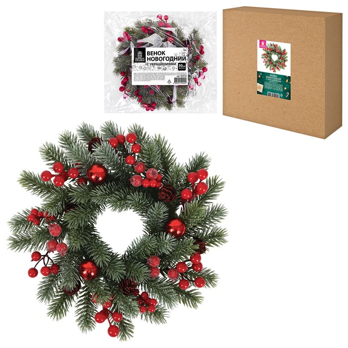 Венок новогодний заснеженный, диаметр 30 см "Зимняя сказка", с декором, литой ПЭТ, ЗОЛОТАЯ СКАЗКА, 592518 592518