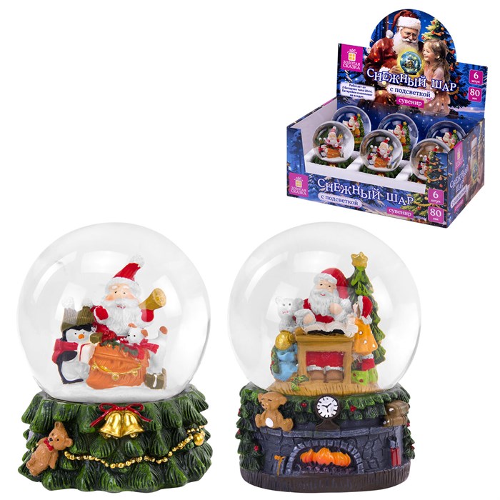Снежный шар с LED-подсветкой "Дед Мороз" диаметр 80 мм, полистоун/стекло, ассорти 2 дизайна, ЗОЛОТАЯ СКАЗКА, 592599 592599