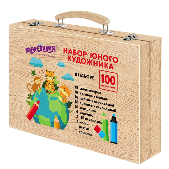 Набор ЮНОГО ХУДОЖНИКА "ANIMALS" для рисования и творчества в кейсе ЮНЛАНДИЯ, 100 предметов, 665675 665675