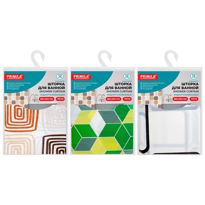 Шторка для ванной PEVA, 180х200 см, кольца в комплекте, 3 дизайна ассорти, ФИГУРЫ, PRIMILA (ПРИМИЛА), 700075 700075